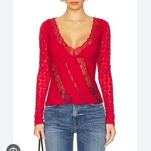 Free People Red Lace-Trim V-Neck Long Sleeve Women's Top, New, Small